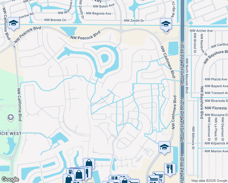 map of restaurants, bars, coffee shops, grocery stores, and more near 140 Northwest Magnolia Lakes Boulevard in Port St. Lucie