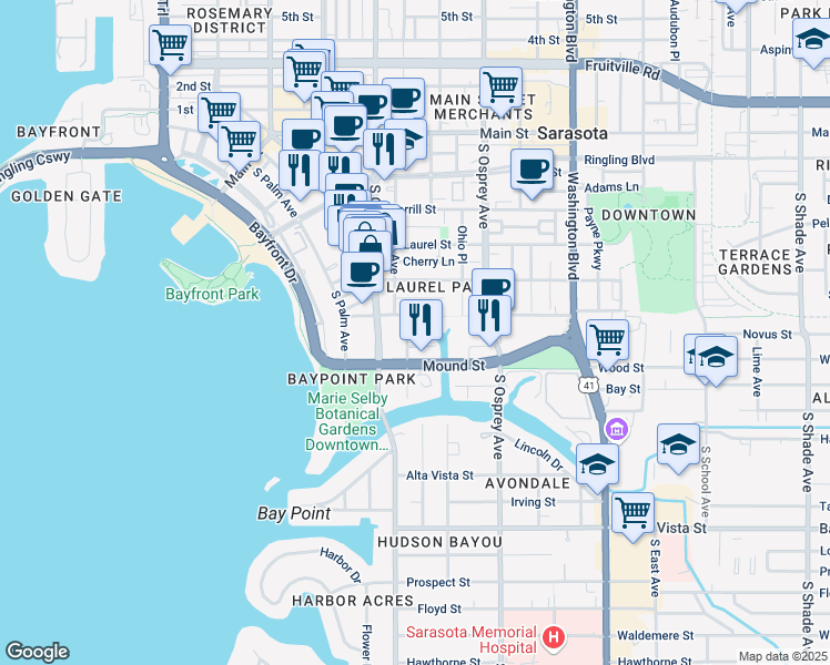 map of restaurants, bars, coffee shops, grocery stores, and more near 1646 Alderman Street in Sarasota