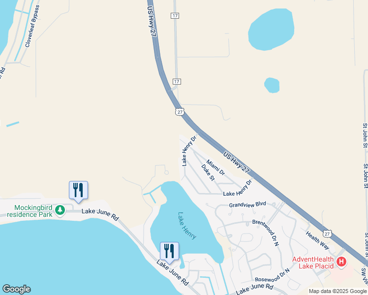 map of restaurants, bars, coffee shops, grocery stores, and more near 63 Miami Drive in Lake Placid