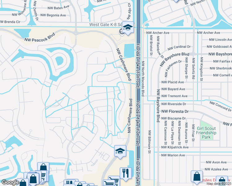 map of restaurants, bars, coffee shops, grocery stores, and more near 115 Northwest Berkeley Avenue in Port Saint Lucie