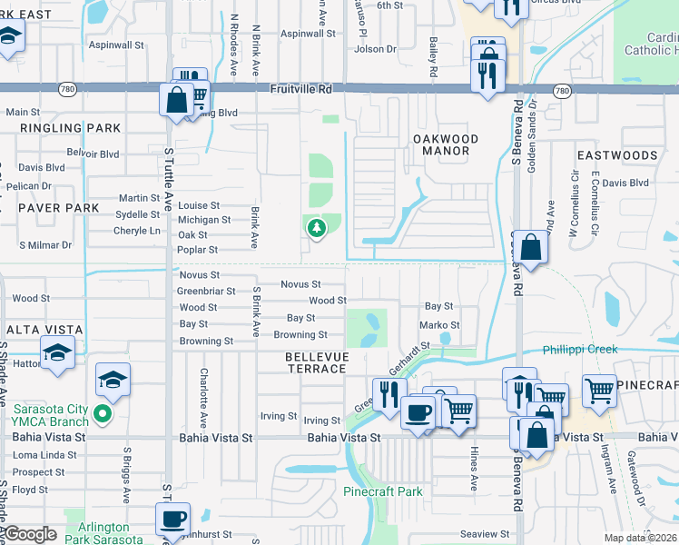 map of restaurants, bars, coffee shops, grocery stores, and more near 704 South Lockwood Ridge Road in Sarasota