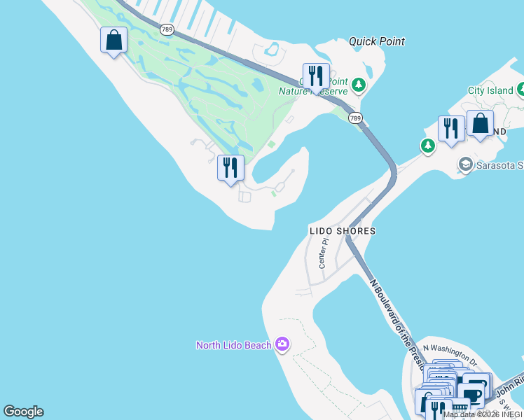 map of restaurants, bars, coffee shops, grocery stores, and more near 100 Sands Point Road in Longboat Key