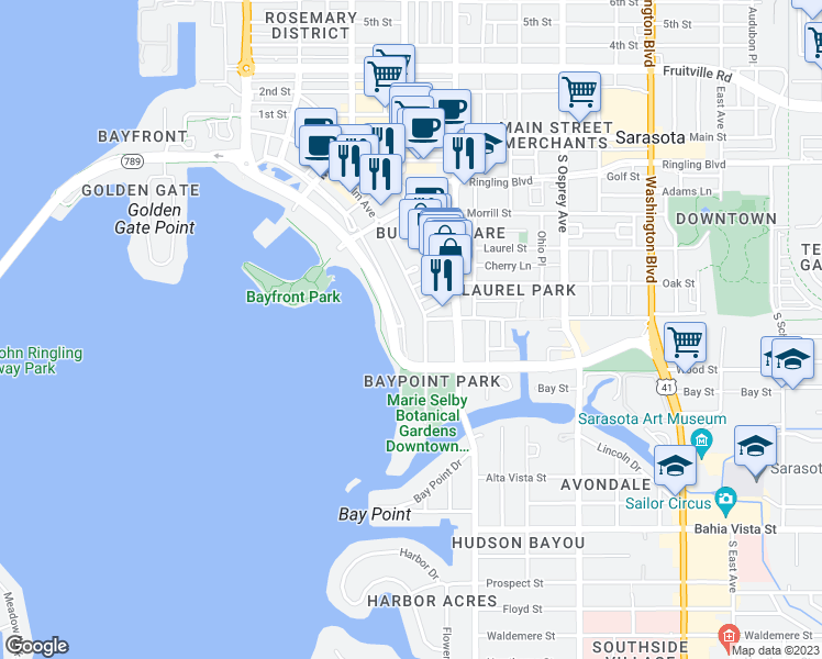 map of restaurants, bars, coffee shops, grocery stores, and more near 707 South Gulfstream Avenue in Sarasota