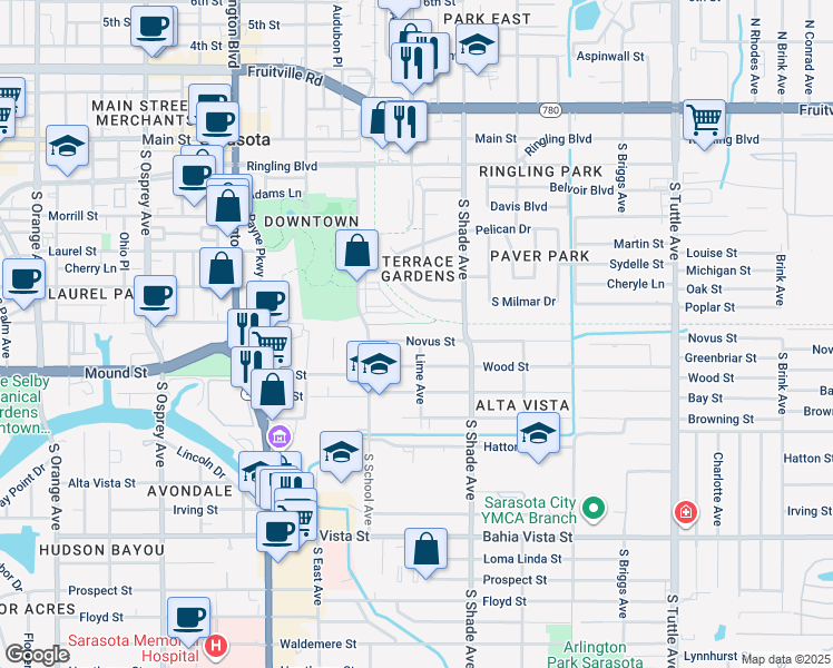 map of restaurants, bars, coffee shops, grocery stores, and more near 2293 Novus Street in Sarasota