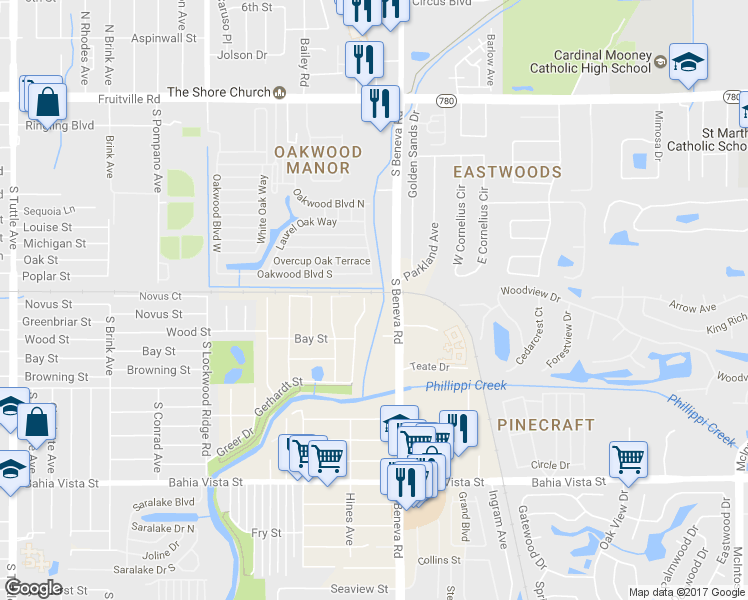 map of restaurants, bars, coffee shops, grocery stores, and more near 701 Locklear Avenue in Sarasota