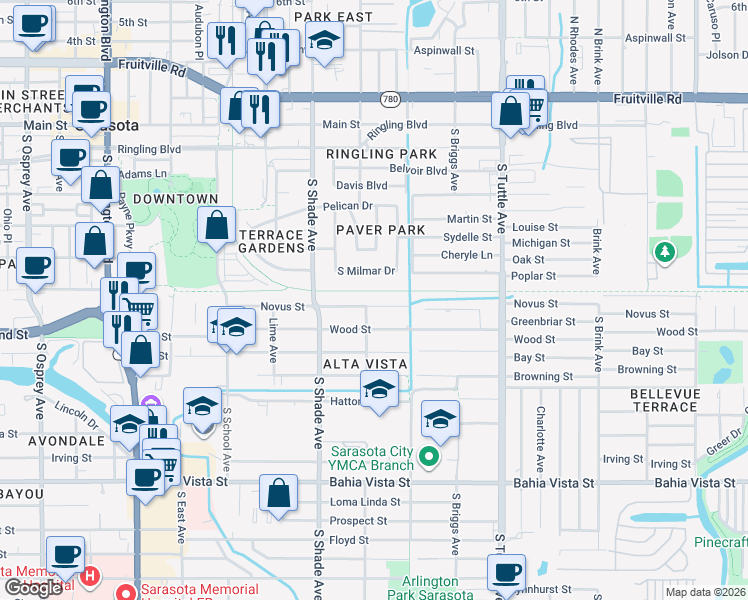 map of restaurants, bars, coffee shops, grocery stores, and more near 2513 Novus Street in Sarasota