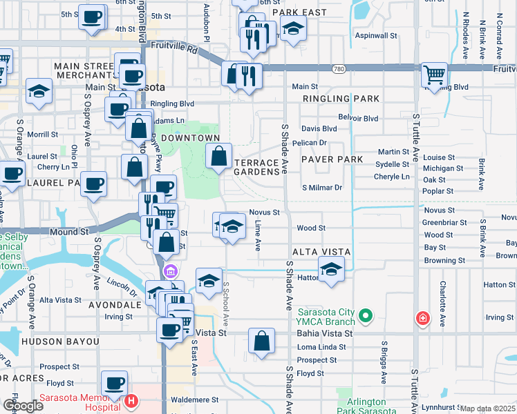 map of restaurants, bars, coffee shops, grocery stores, and more near 2293 Novus Street in Sarasota