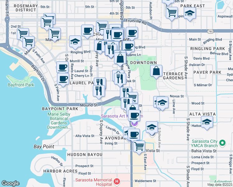 map of restaurants, bars, coffee shops, grocery stores, and more near 1900 Brother Geenen Way in Sarasota