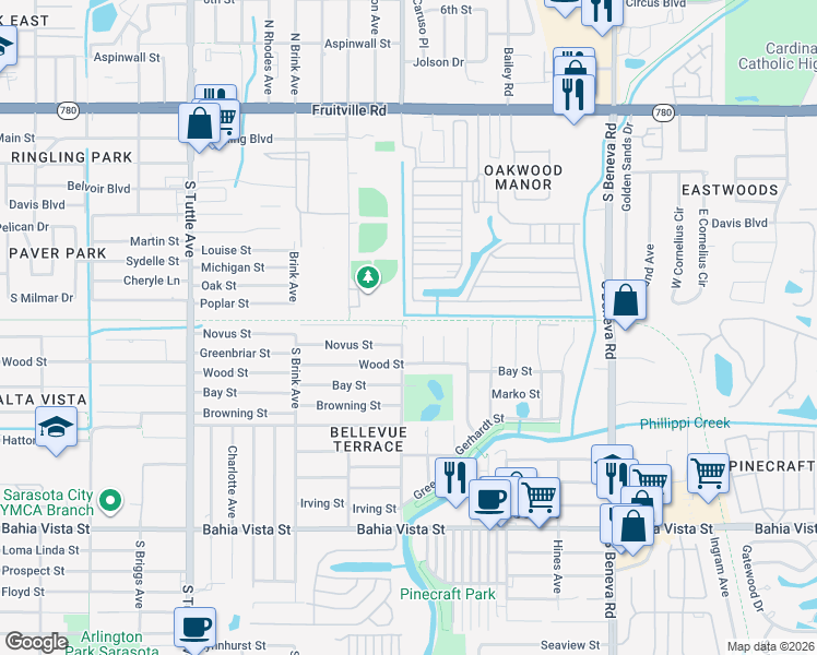map of restaurants, bars, coffee shops, grocery stores, and more near 704 South Lockwood Ridge Road in Sarasota