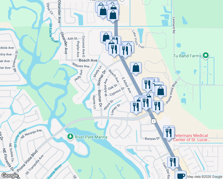 map of restaurants, bars, coffee shops, grocery stores, and more near 756 Oak Street in Port St. Lucie