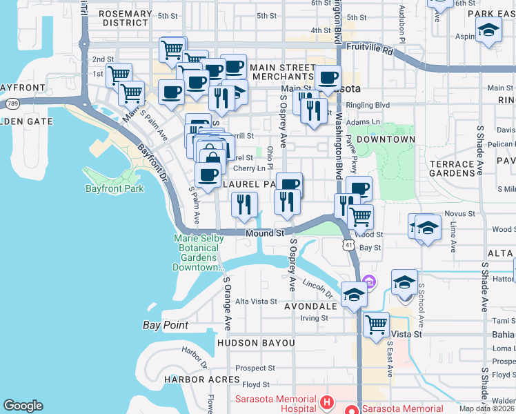 map of restaurants, bars, coffee shops, grocery stores, and more near 1740 Alderman Street in Sarasota