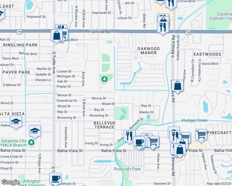 map of restaurants, bars, coffee shops, grocery stores, and more near 704 South Lockwood Ridge Road in Sarasota