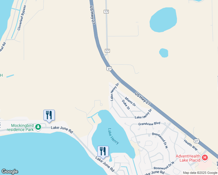map of restaurants, bars, coffee shops, grocery stores, and more near 63 Miami Drive in Lake Placid