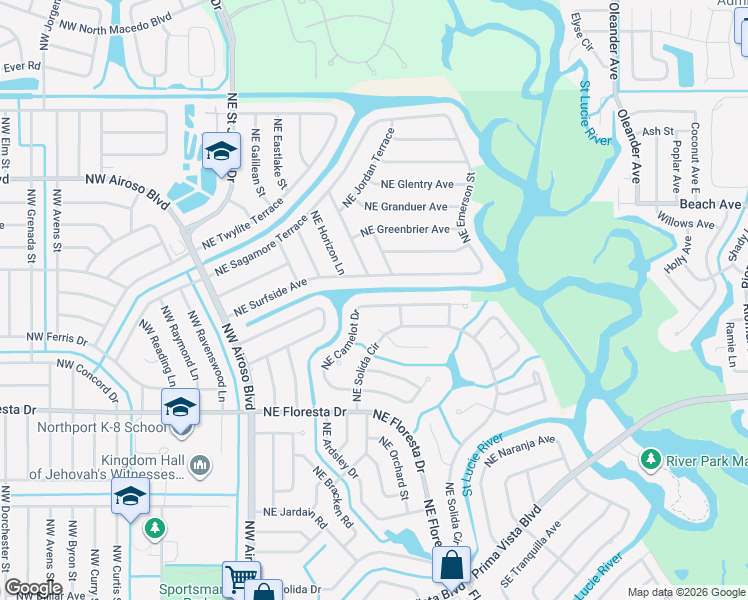 map of restaurants, bars, coffee shops, grocery stores, and more near 410 Northeast Camelot Drive in Port St. Lucie