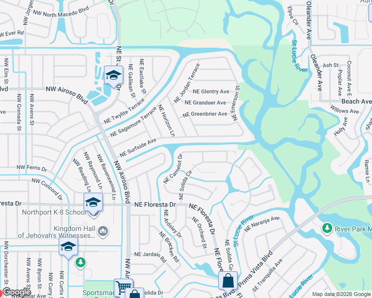 map of restaurants, bars, coffee shops, grocery stores, and more near 410 Northeast Camelot Drive in Port St. Lucie