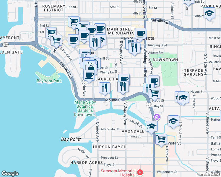 map of restaurants, bars, coffee shops, grocery stores, and more near 1740 Alderman Street in Sarasota