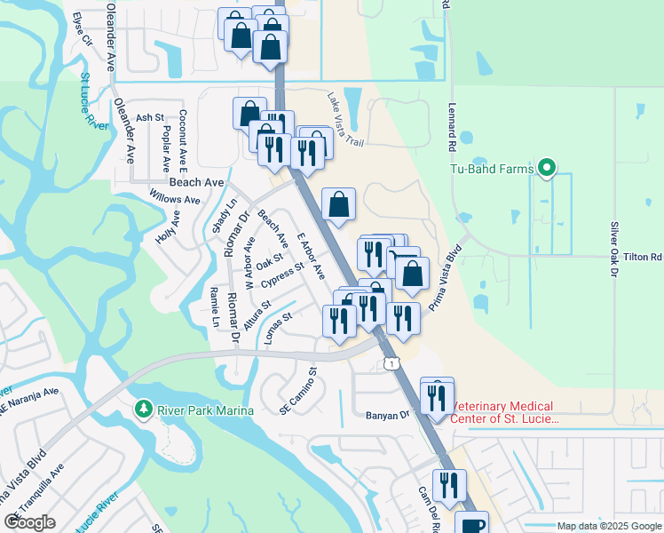 map of restaurants, bars, coffee shops, grocery stores, and more near 122 Northeast Entrada Avenue in Port St. Lucie