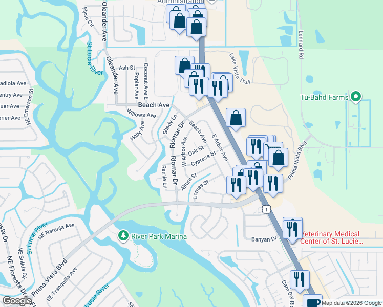 map of restaurants, bars, coffee shops, grocery stores, and more near Oak Street in Port St. Lucie