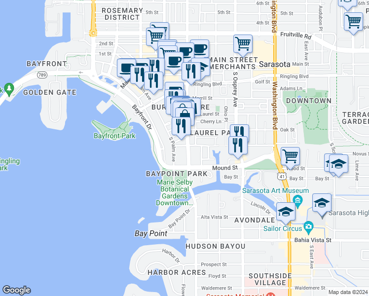 map of restaurants, bars, coffee shops, grocery stores, and more near 700 South Orange Avenue in Sarasota