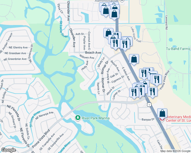 map of restaurants, bars, coffee shops, grocery stores, and more near 223 Olive Avenue in Port St. Lucie
