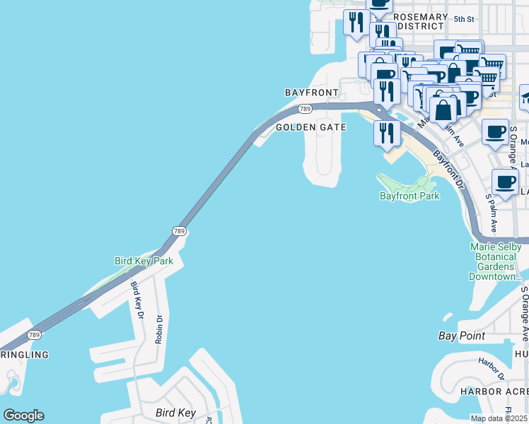 map of restaurants, bars, coffee shops, grocery stores, and more near John Ringling Causeway in Sarasota