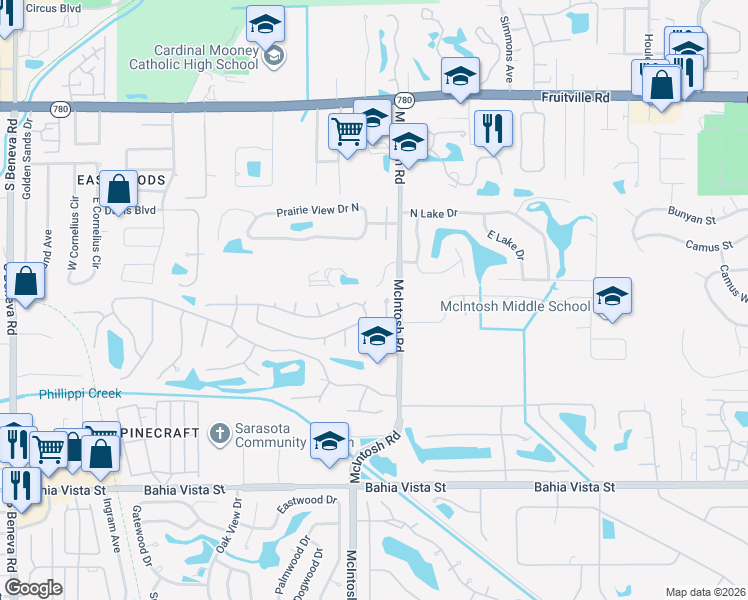 map of restaurants, bars, coffee shops, grocery stores, and more near 4325 Arrow Circle in Sarasota