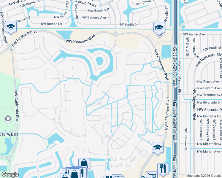 map of restaurants, bars, coffee shops, grocery stores, and more near 140 Northwest Magnolia Lakes Boulevard in Port St. Lucie