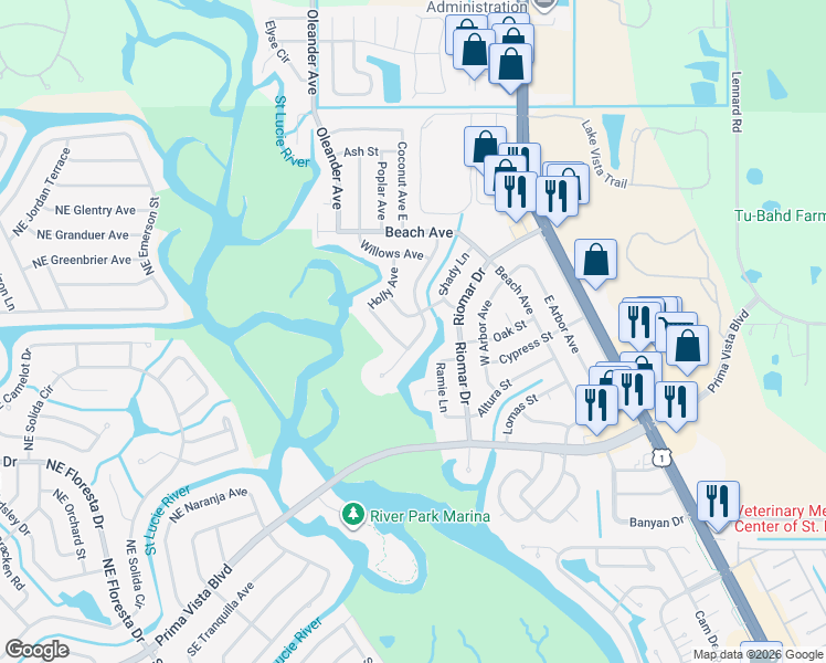 map of restaurants, bars, coffee shops, grocery stores, and more near 223 Olive Avenue in Port St. Lucie