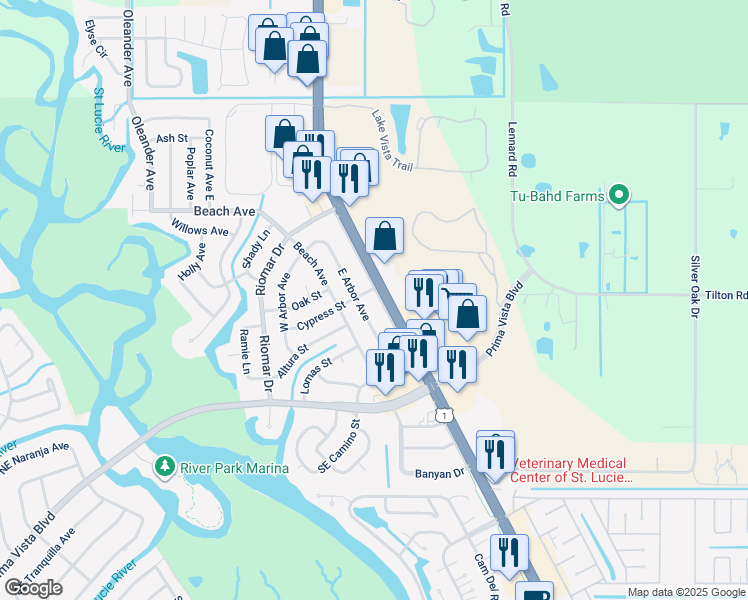 map of restaurants, bars, coffee shops, grocery stores, and more near 122 Northeast Entrada Avenue in Port St. Lucie