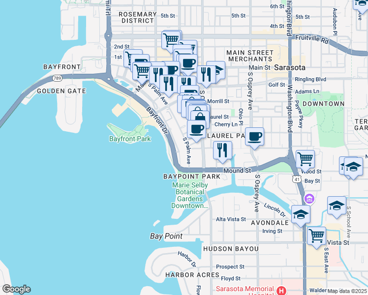 map of restaurants, bars, coffee shops, grocery stores, and more near 707 South Gulfstream Avenue in Sarasota