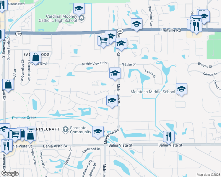 map of restaurants, bars, coffee shops, grocery stores, and more near 4325 Arrow Circle in Sarasota