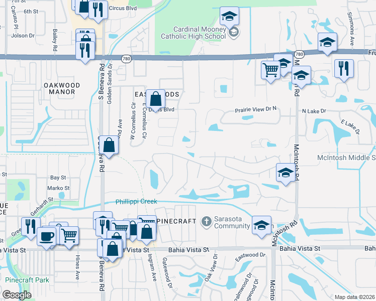 map of restaurants, bars, coffee shops, grocery stores, and more near 4001 Arrow Avenue in Sarasota