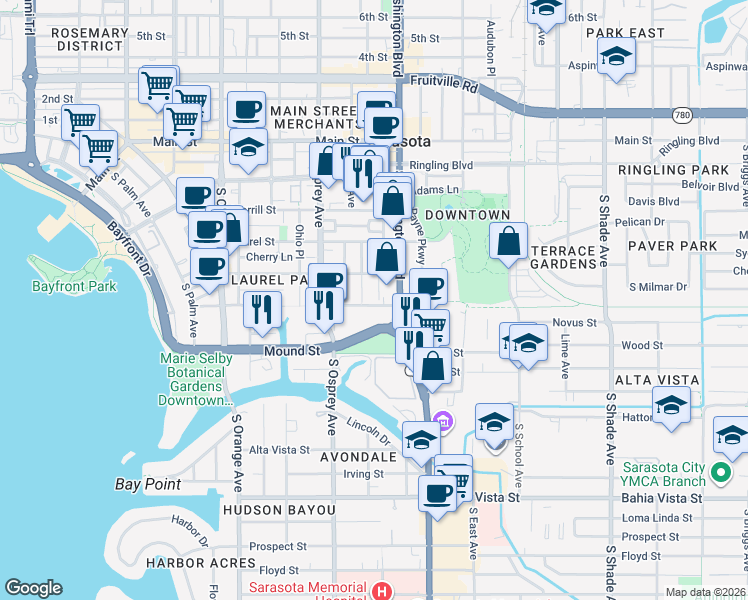map of restaurants, bars, coffee shops, grocery stores, and more near 1900 Brother Geenen Way in Sarasota