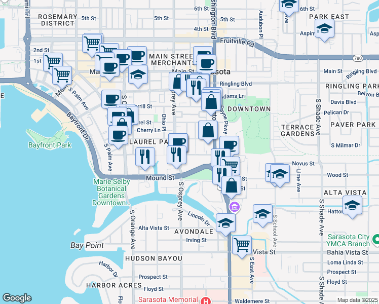map of restaurants, bars, coffee shops, grocery stores, and more near 1820 Brother Geenen Way in Sarasota
