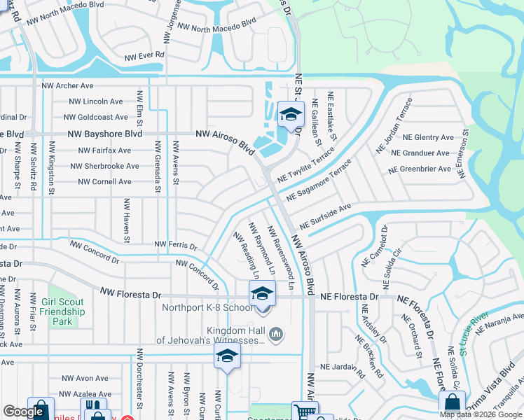 map of restaurants, bars, coffee shops, grocery stores, and more near NW Sagamore Terrace & NW Ravenswood Ln in Port St. Lucie