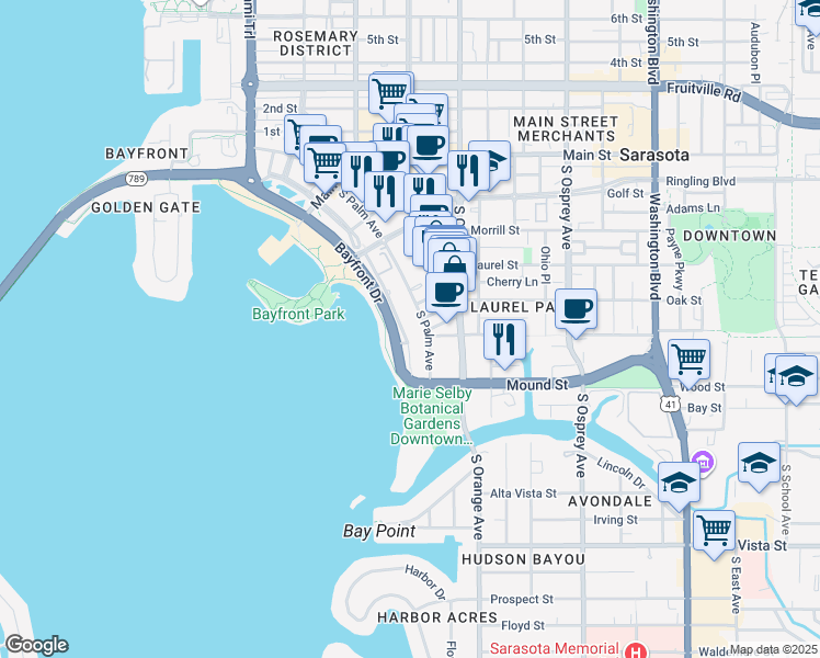map of restaurants, bars, coffee shops, grocery stores, and more near 605 South Gulfstream Avenue in Sarasota