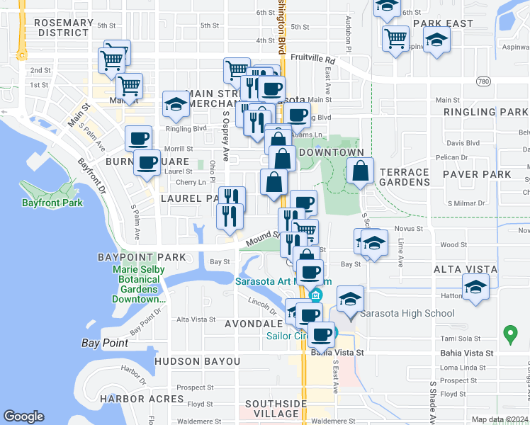 map of restaurants, bars, coffee shops, grocery stores, and more near 1900 Brother Geenen Way in Sarasota