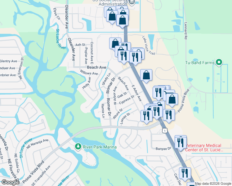 map of restaurants, bars, coffee shops, grocery stores, and more near 756 Oak Street in Port St. Lucie