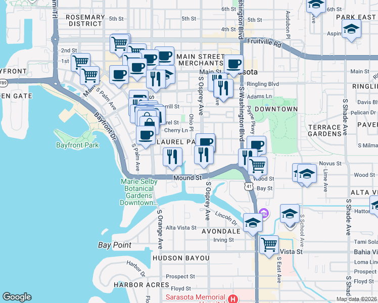map of restaurants, bars, coffee shops, grocery stores, and more near 1740 Alderman Street in Sarasota