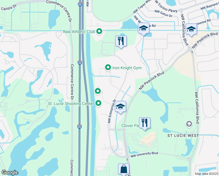 map of restaurants, bars, coffee shops, grocery stores, and more near 900A Northwest Interpark Place in Port St. Lucie