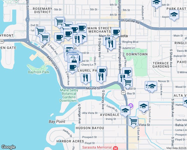 map of restaurants, bars, coffee shops, grocery stores, and more near 1740 Alderman Street in Sarasota