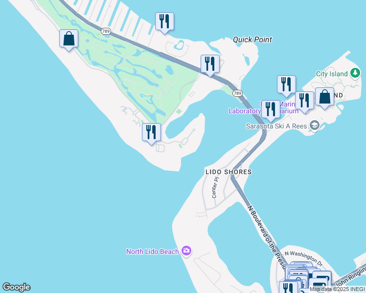 map of restaurants, bars, coffee shops, grocery stores, and more near 90 Lighthouse Point Drive in Longboat Key
