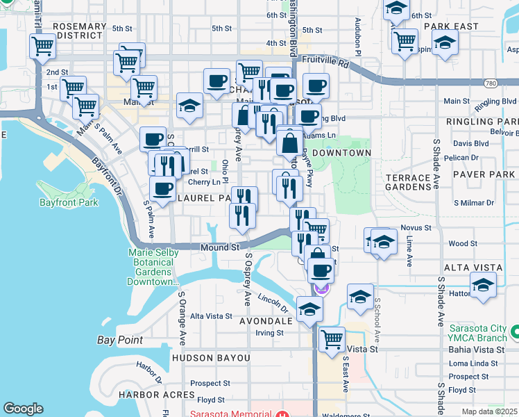 map of restaurants, bars, coffee shops, grocery stores, and more near 645 Madison Court in Sarasota