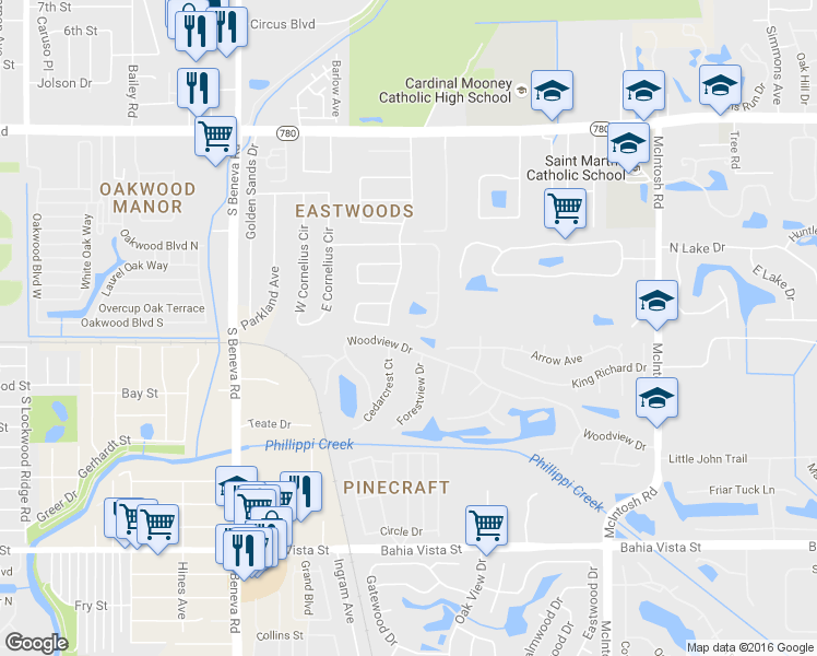map of restaurants, bars, coffee shops, grocery stores, and more near 711 Cedarcrest Court in Sarasota