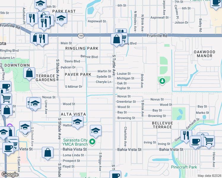 map of restaurants, bars, coffee shops, grocery stores, and more near 2757 Novus Place in Sarasota