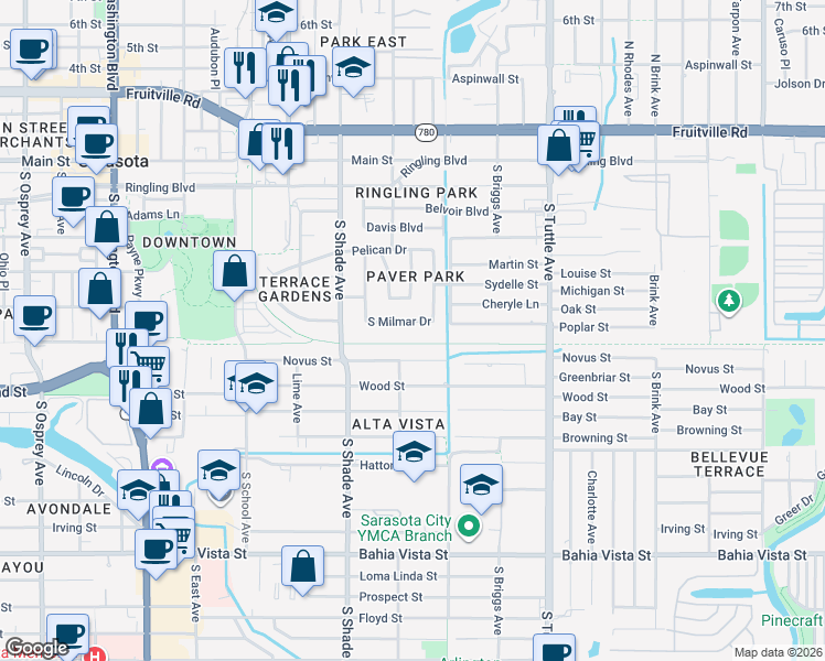map of restaurants, bars, coffee shops, grocery stores, and more near 2513 Novus Street in Sarasota