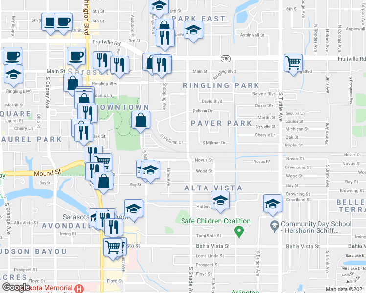map of restaurants, bars, coffee shops, grocery stores, and more near 710 South Shade Avenue in Sarasota