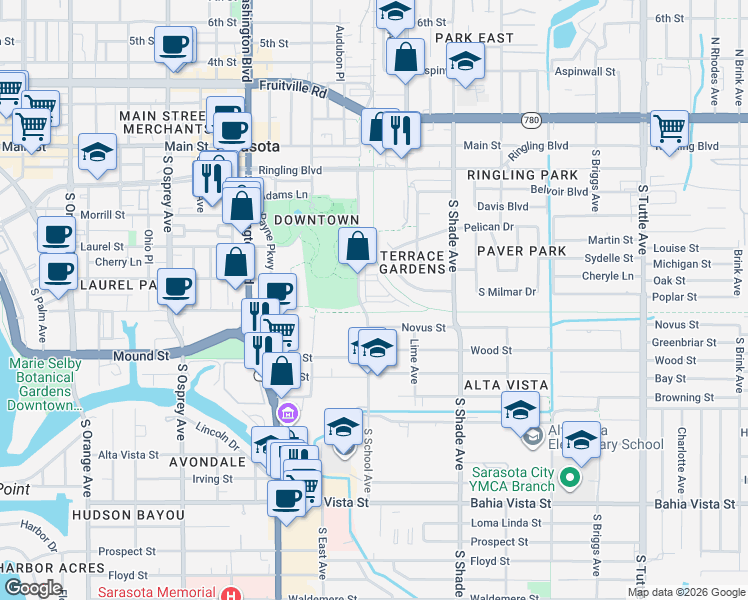 map of restaurants, bars, coffee shops, grocery stores, and more near 2211 Novus Street in Sarasota