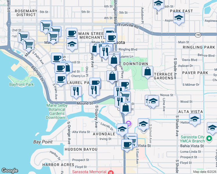 map of restaurants, bars, coffee shops, grocery stores, and more near 1900 Brother Geenen Way in Sarasota