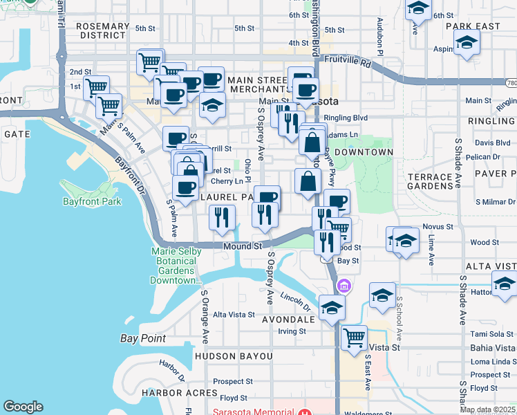 map of restaurants, bars, coffee shops, grocery stores, and more near 694 South Osprey Avenue in Sarasota